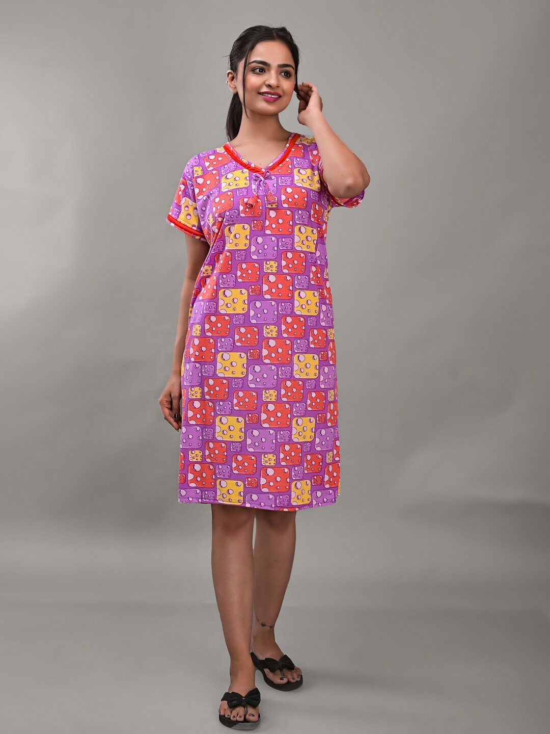 

Apratim Geometric Printed Nightdress, Purple