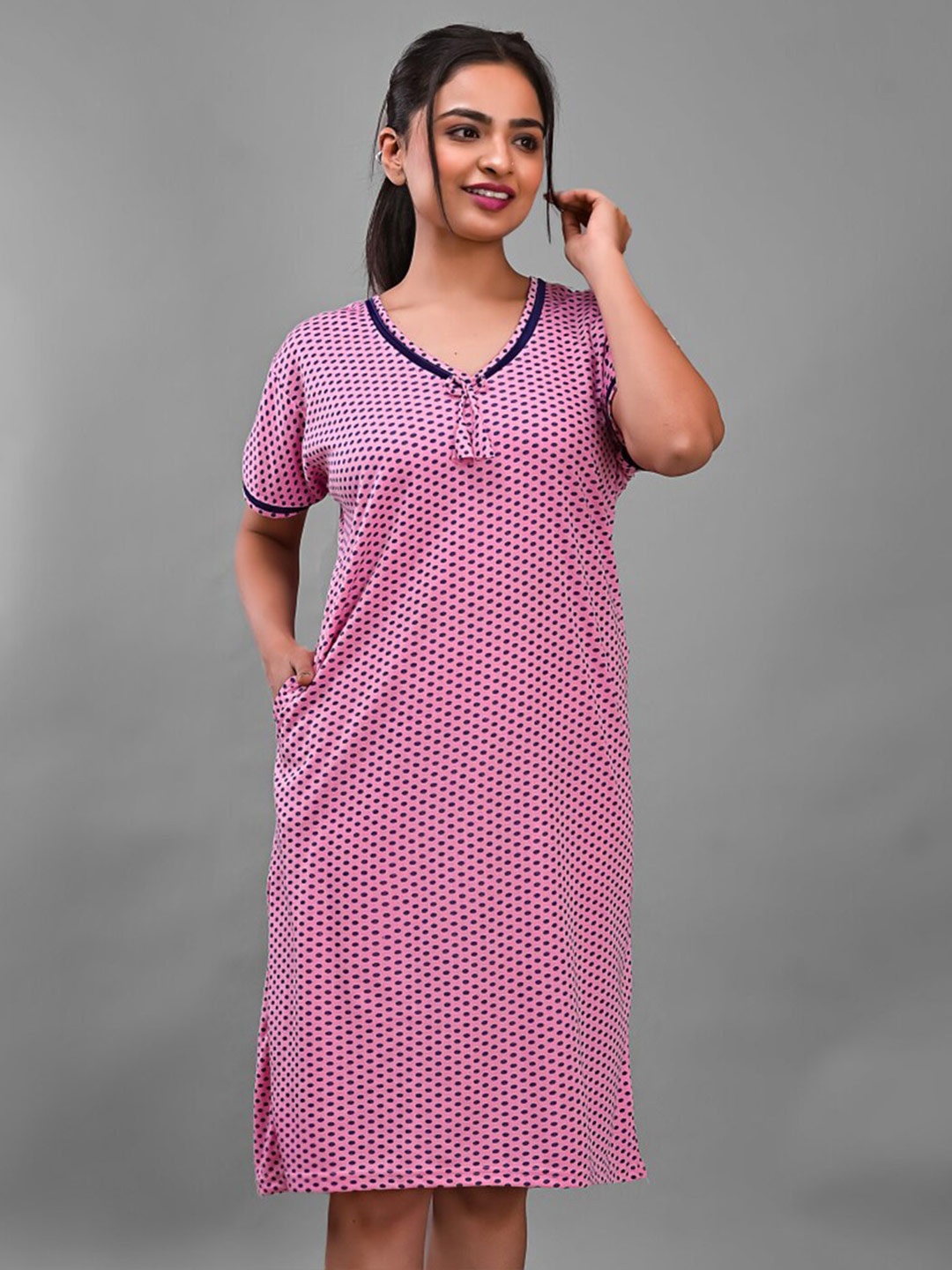 

Apratim Polka Dots Printed Nightdress, Pink