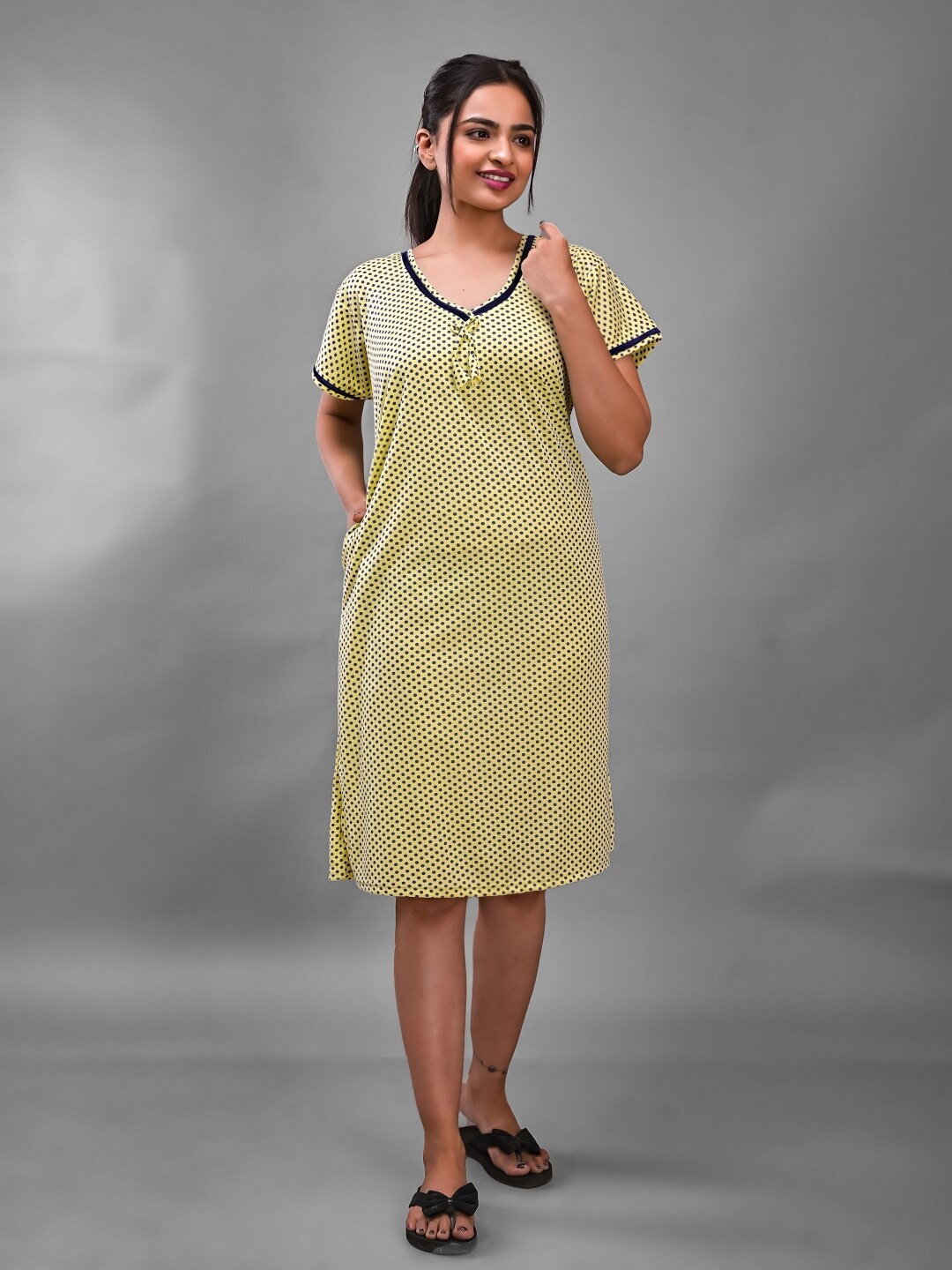 

Apratim Polka Dots Printed Nightdress, Yellow