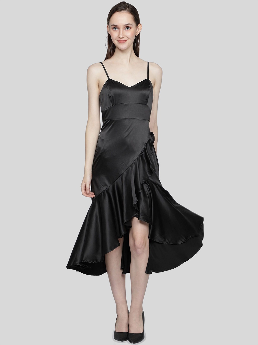 

NUEVOSDAMAS Shoulder Straps Ruffled Satin Fit & Flare Midi Dress, Black