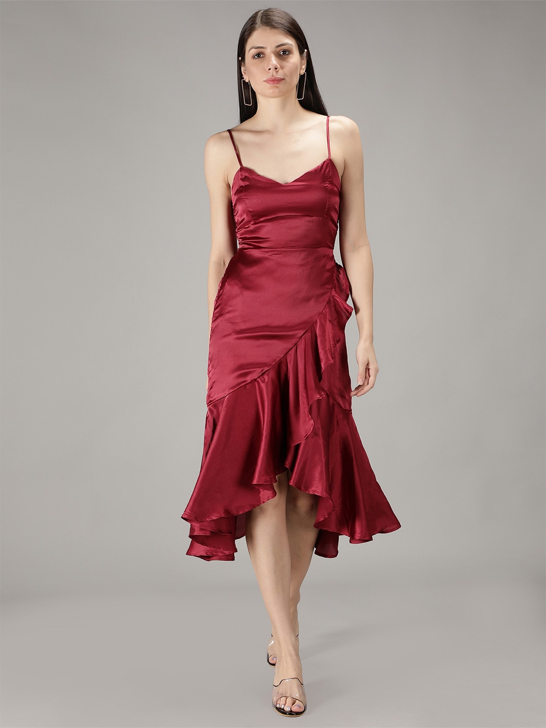 

NUEVOSDAMAS Shoulder Straps Ruffled Smocked Satin Wrap Midi Dress, Maroon
