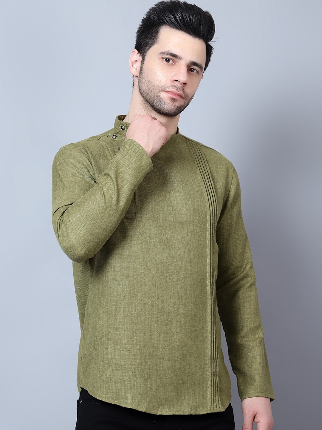 

HERE&NOW Men Olive Green Thread Work Kurta