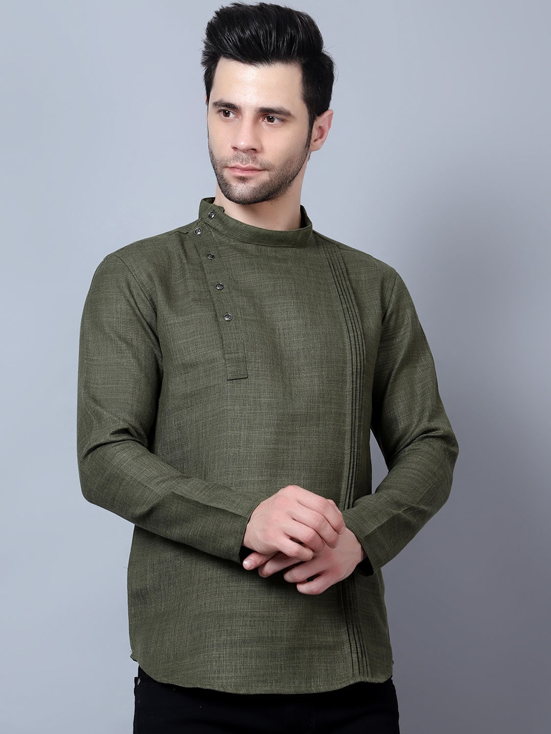 

HERE&NOW Men Olive Green Thread Work Kurta