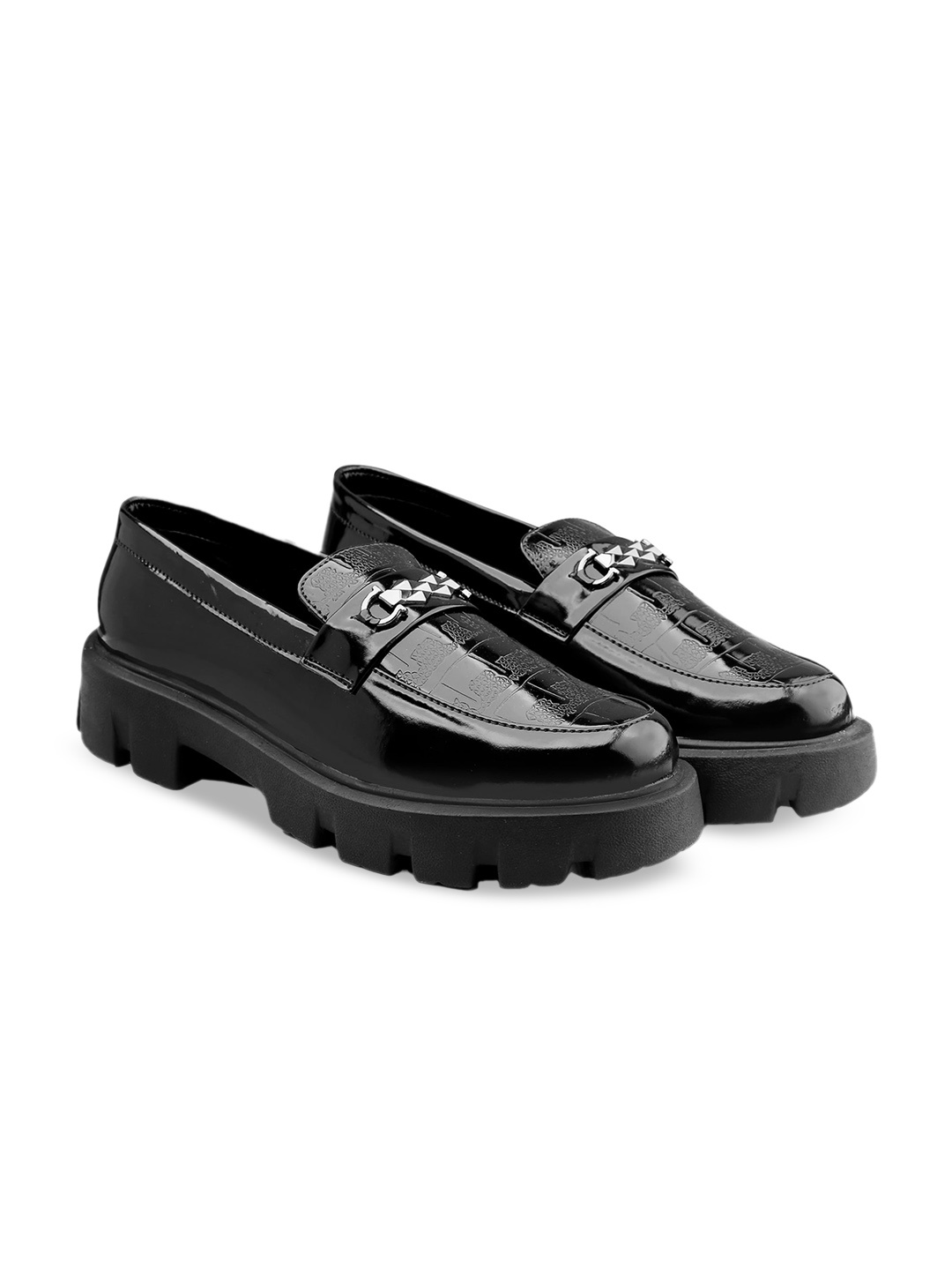 

Bxxy Men Textured Heeled Horsebit Loafers, Black