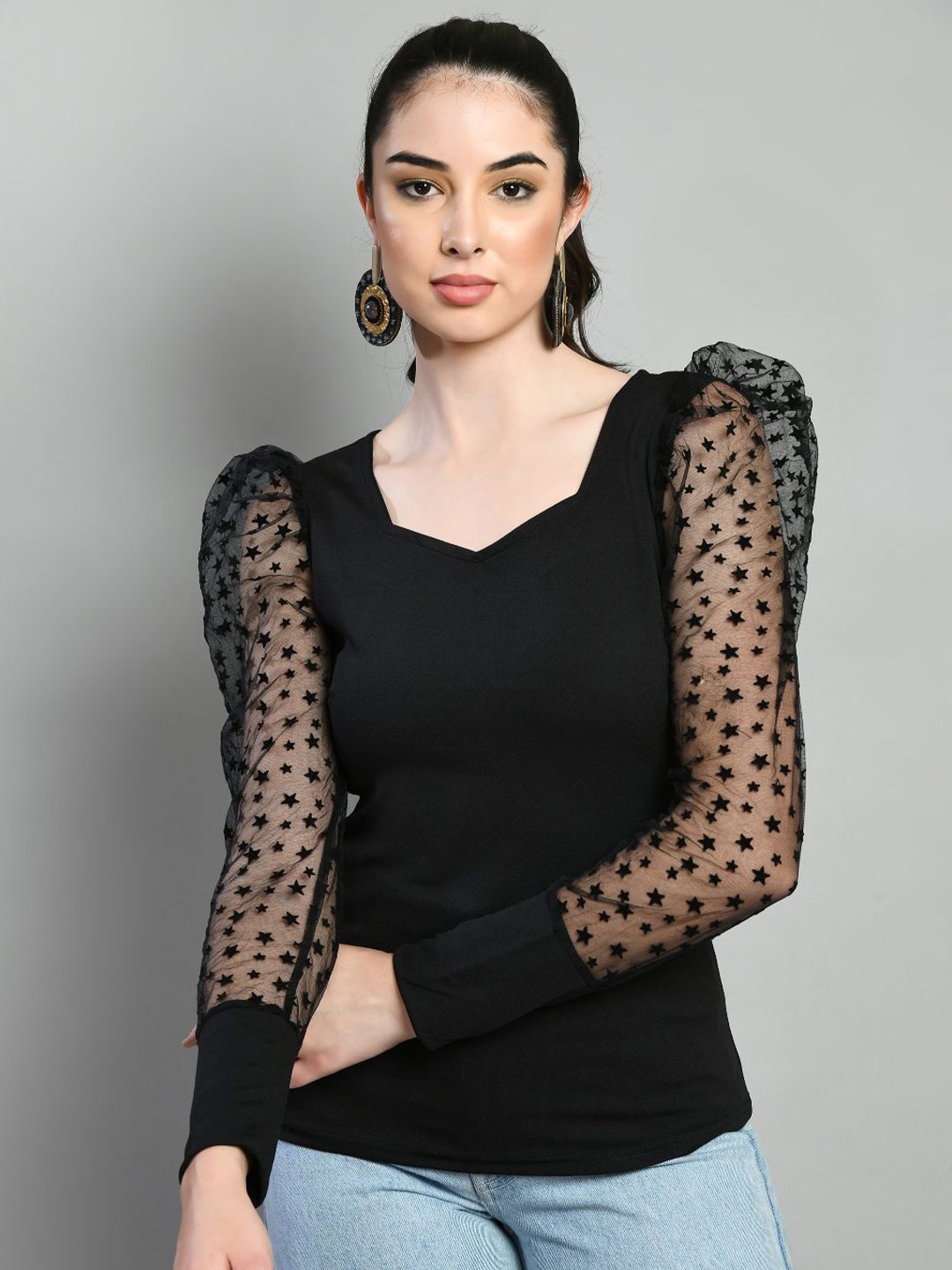 

IUGA Sweetheart Neck Puff Sleeves Casual Top, Black