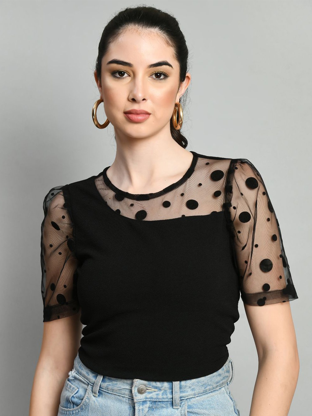 

IUGA Polka Dots Solid Round Neck Casual Top, Black