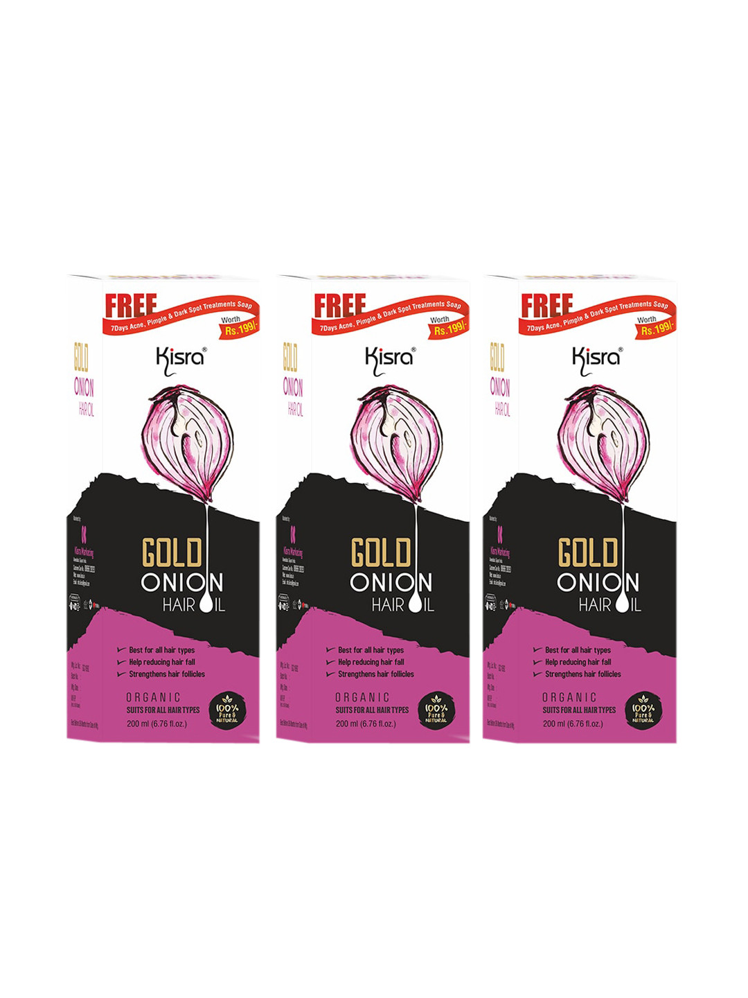 

KISRA Set Of 3 Gold Organic Onion Hair Oil for Hair Growth & Hairfall Control - 200ml Each, Purple