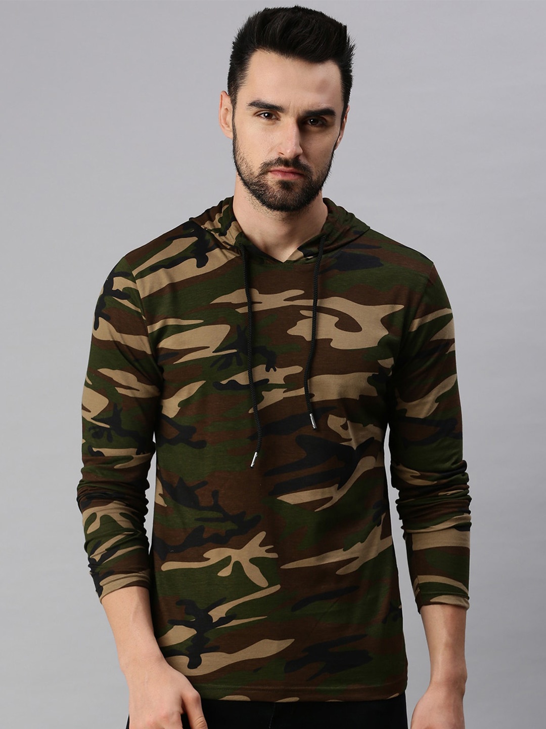 

PEPPYZONE Camouflage Printed Hooded Cotton T-shirt, Khaki