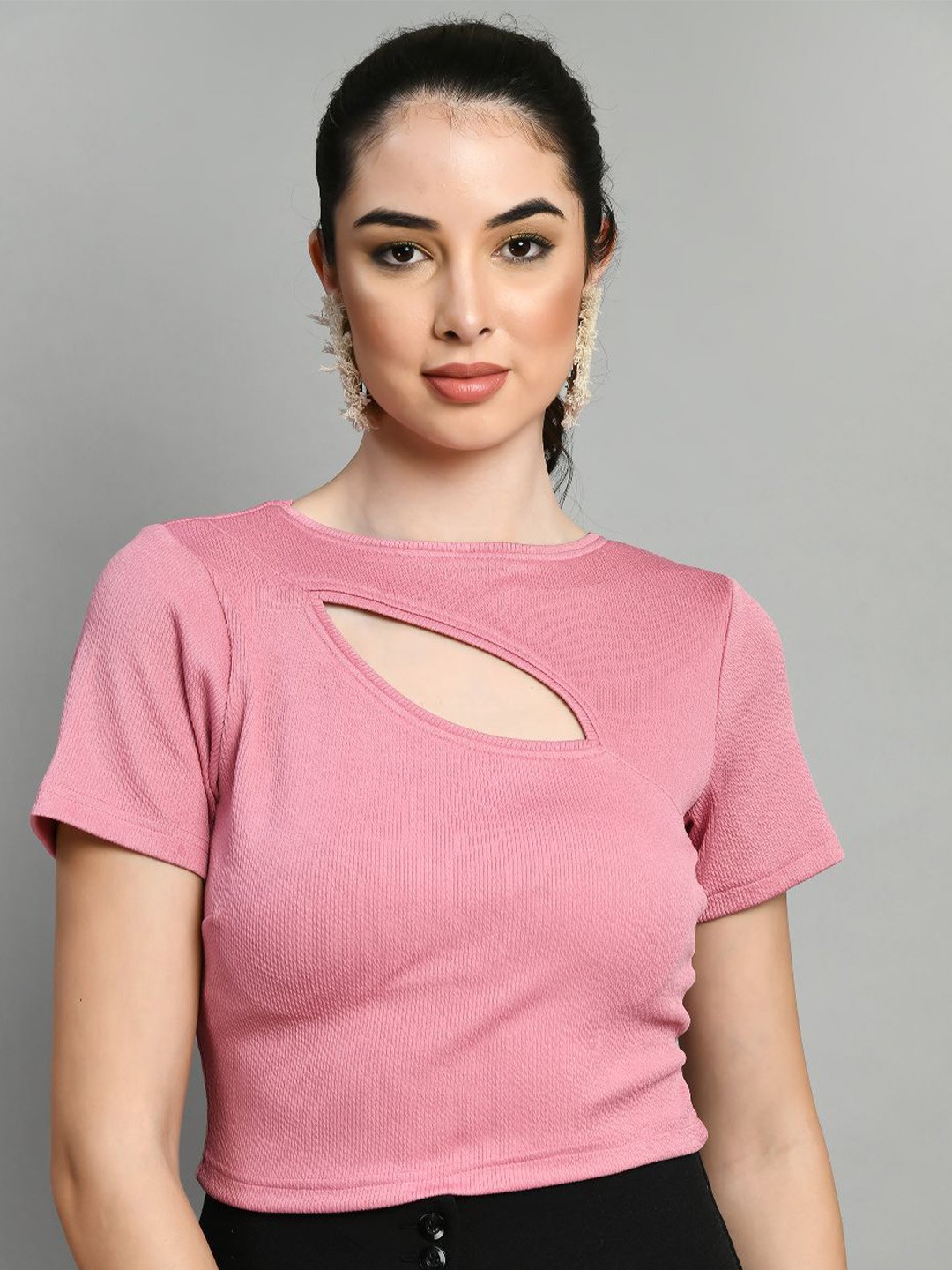 

IUGA Cut Out Round Neck Casual Top, Pink