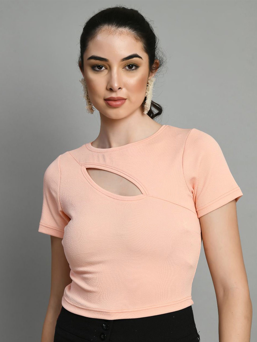 

IUGA Cut Out Round Neck Casual Top, Peach