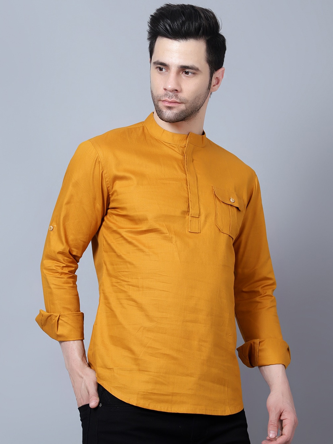 

HERE&NOW Mandarin Collar Roll Up Sleeves Pure Cotton Pathani Kurta, Mustard