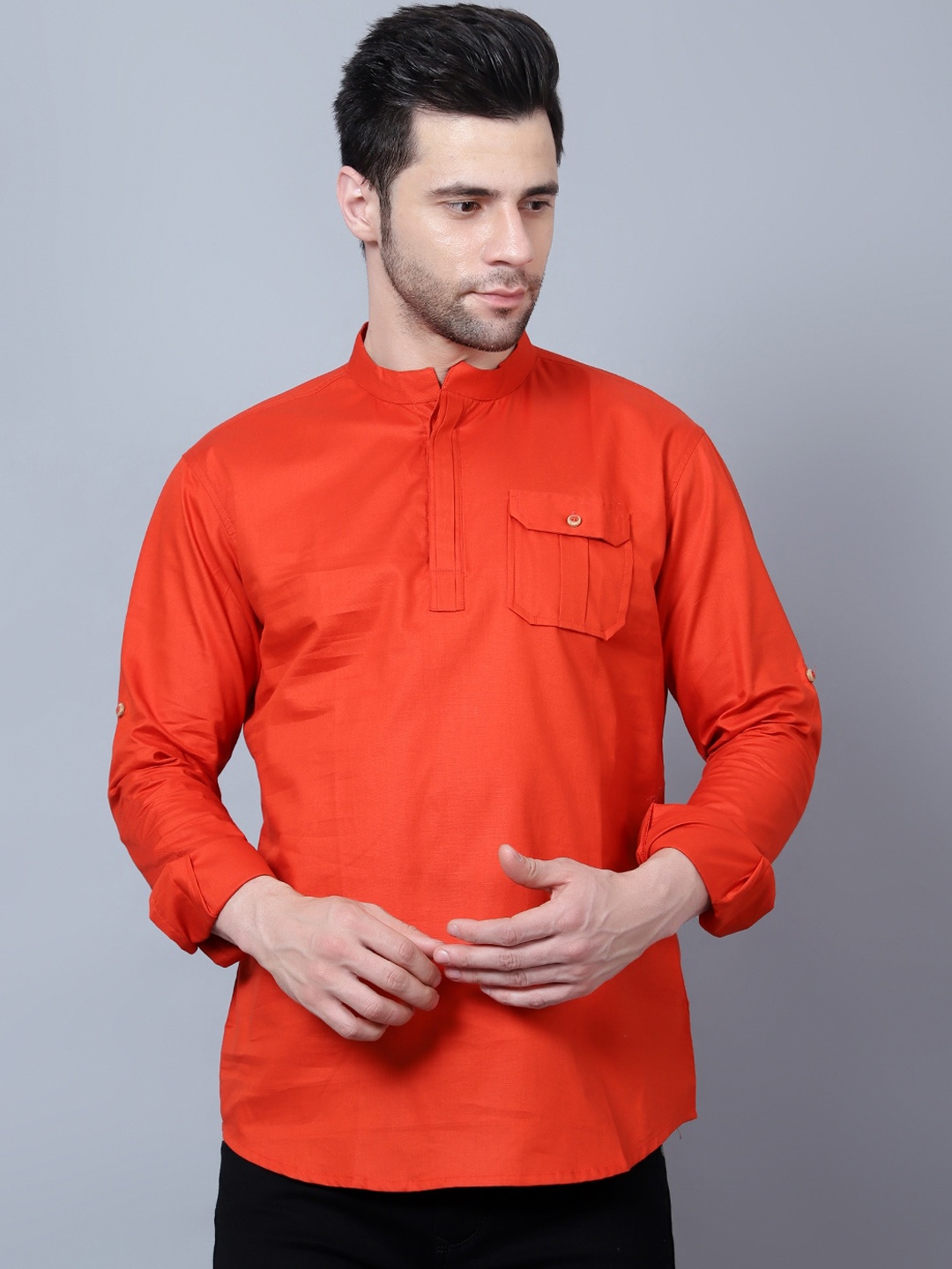 

HERE&NOW Mandarin Collar Roll Up Sleeves Pure Cotton Pathani Short Kurta, Rust