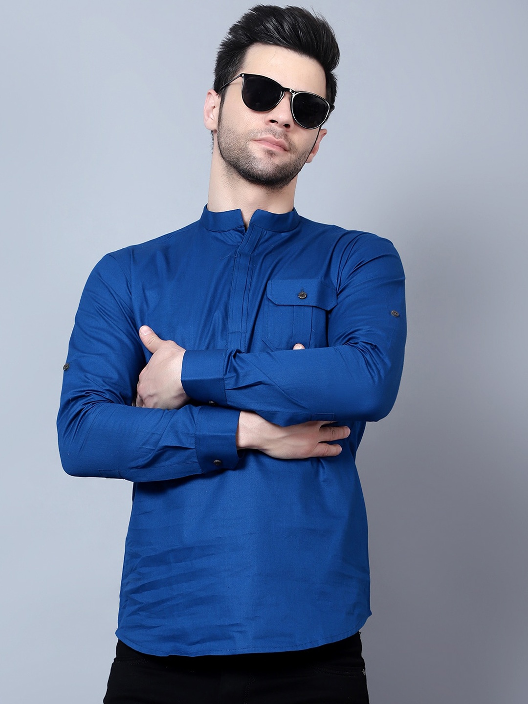 

HERE&NOW Mandarin Collar Roll Up Sleeves Pure Cotton Pathani Short Kurta, Blue