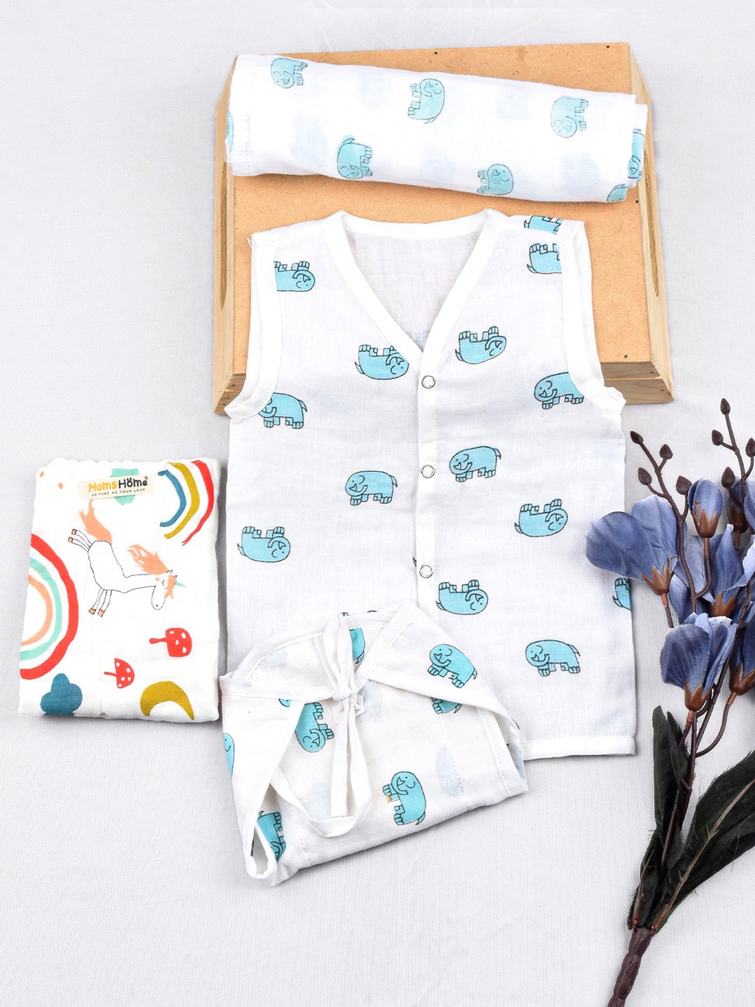 

Moms Home Infants Pack of 4 Organic Cotton Muslin Jhabla & Nappy Combo, White