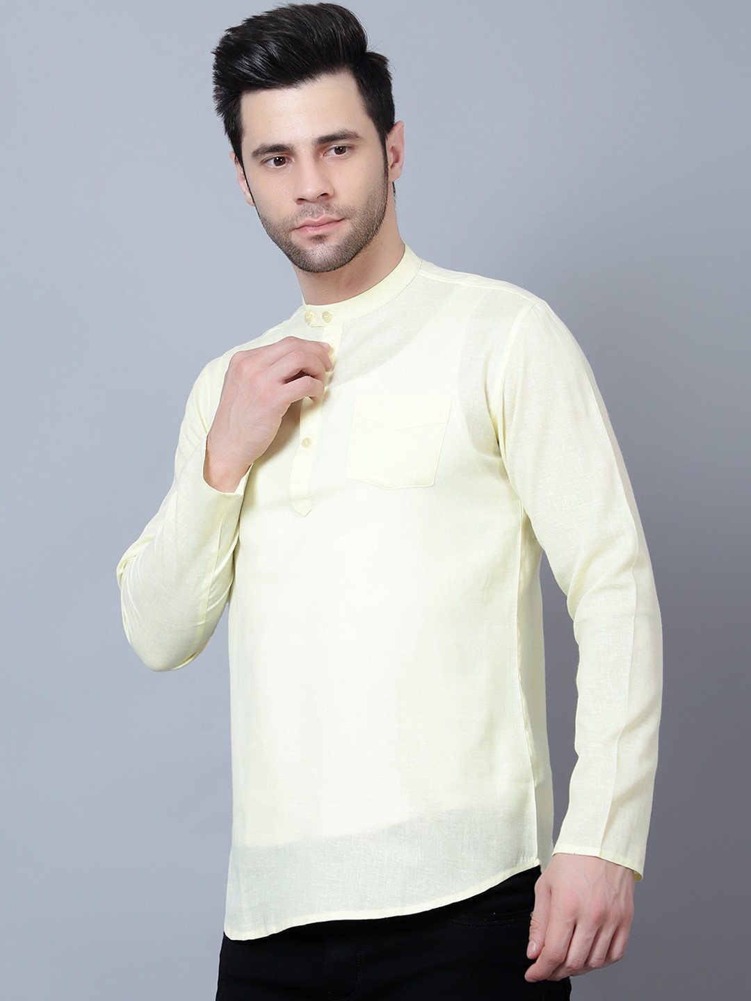 

HERE&NOW Yellow Band Collar Cotton Regular Short Kurta