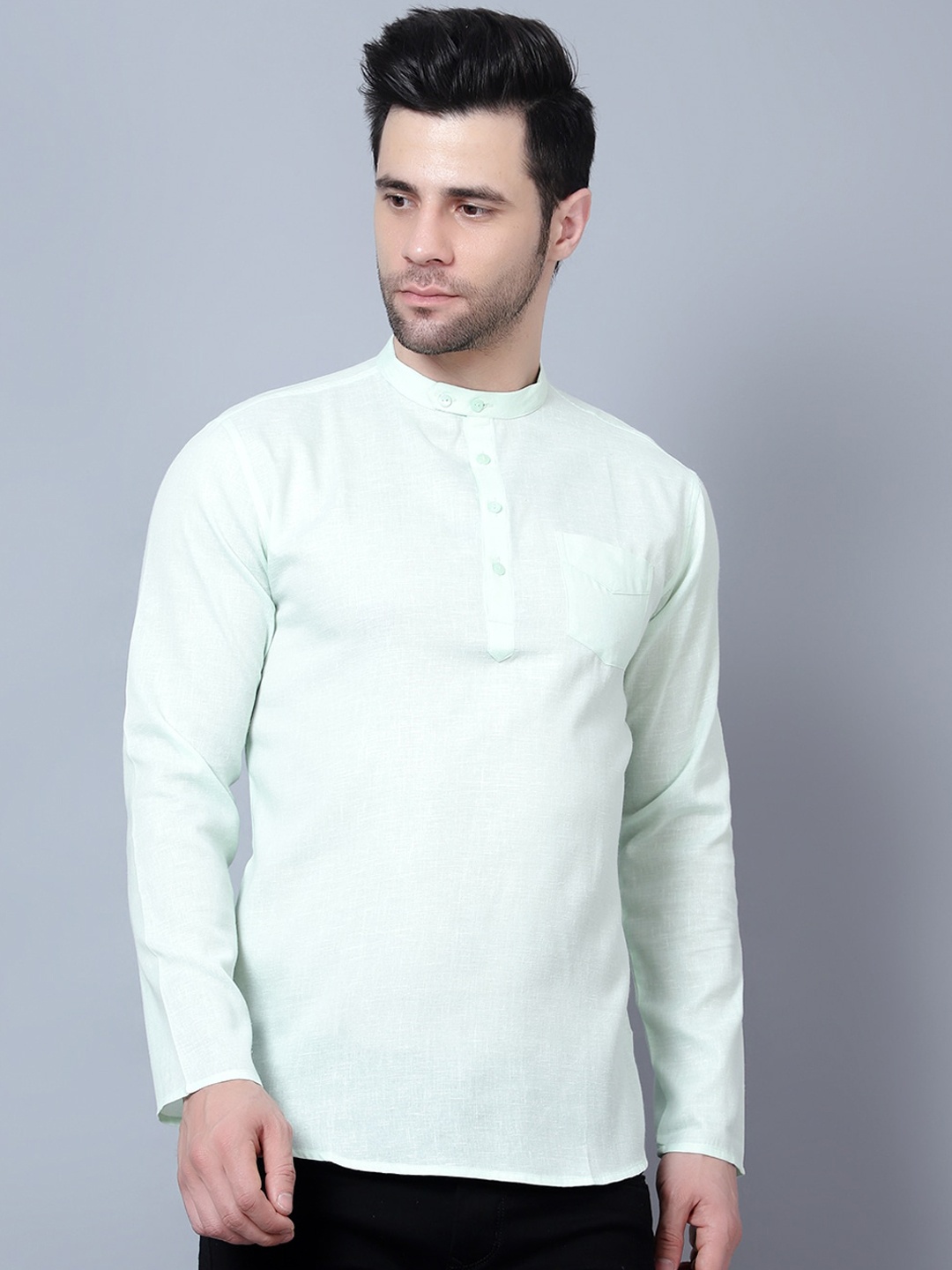

HERE&NOW Sea Green Mandarin Collar Cotton Regular Short Kurta