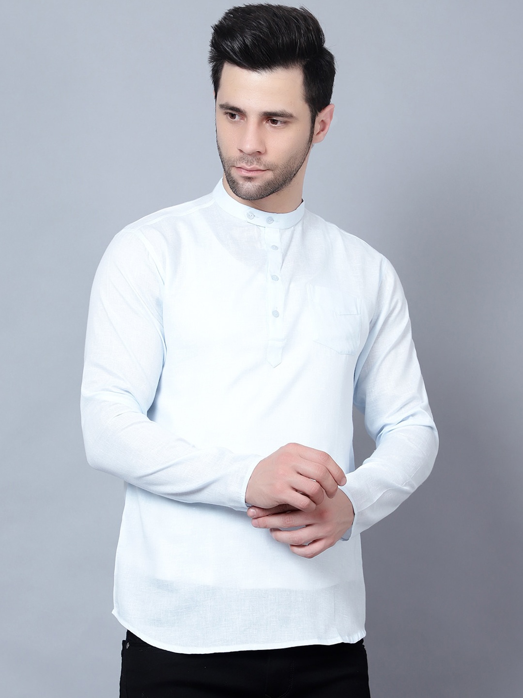 

HERE&NOW Blue Mandarin Collar Cotton Regular Short Kurta