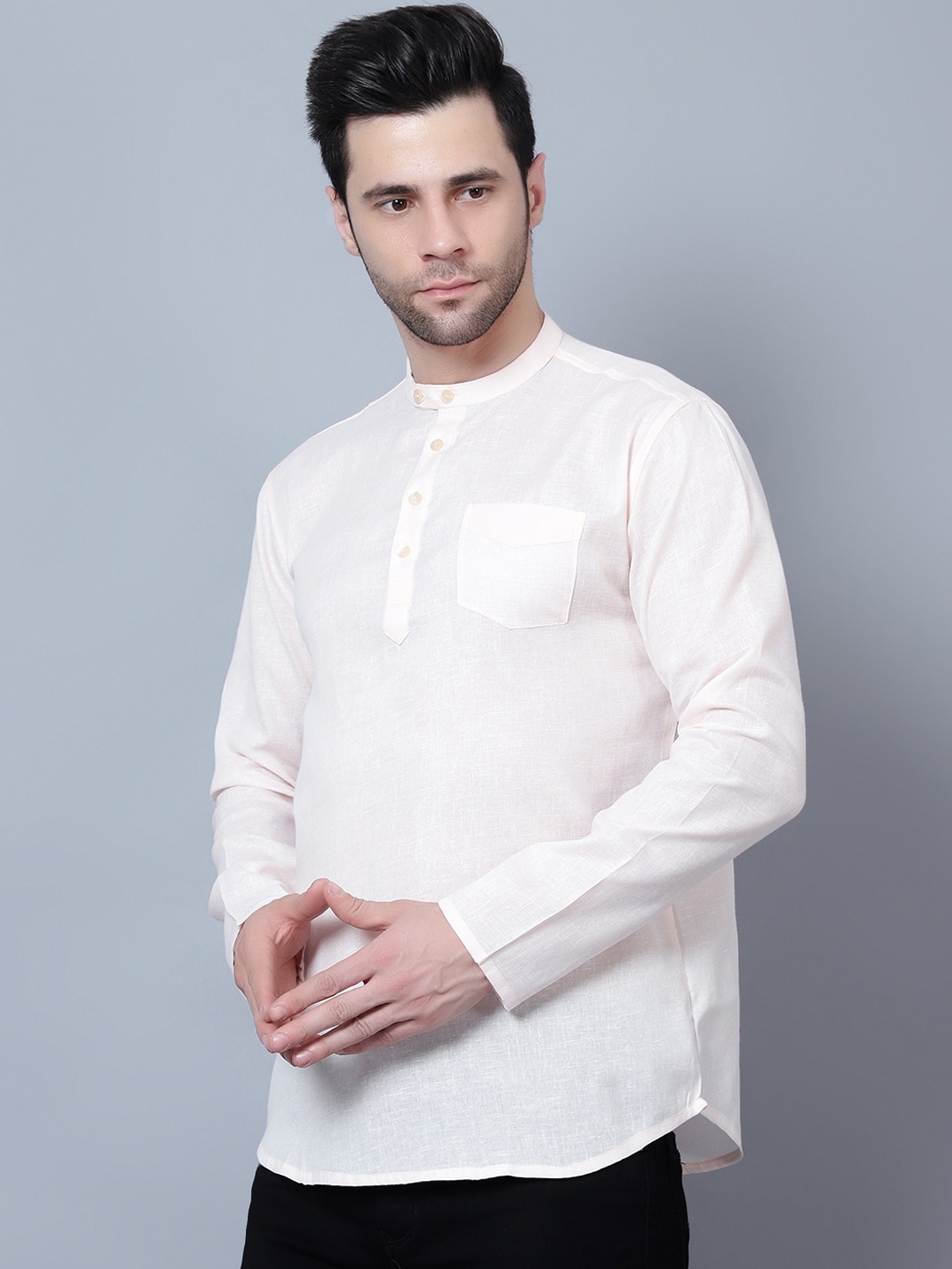 

HERE&NOW Cream Band Collar Cotton Short Kurta