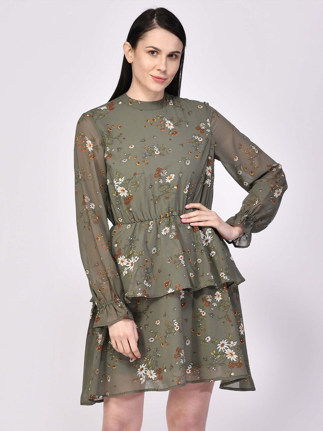 

NUEVOSDAMAS Round Neck Floral Printed Layered Georgette A-Line Dress, Green