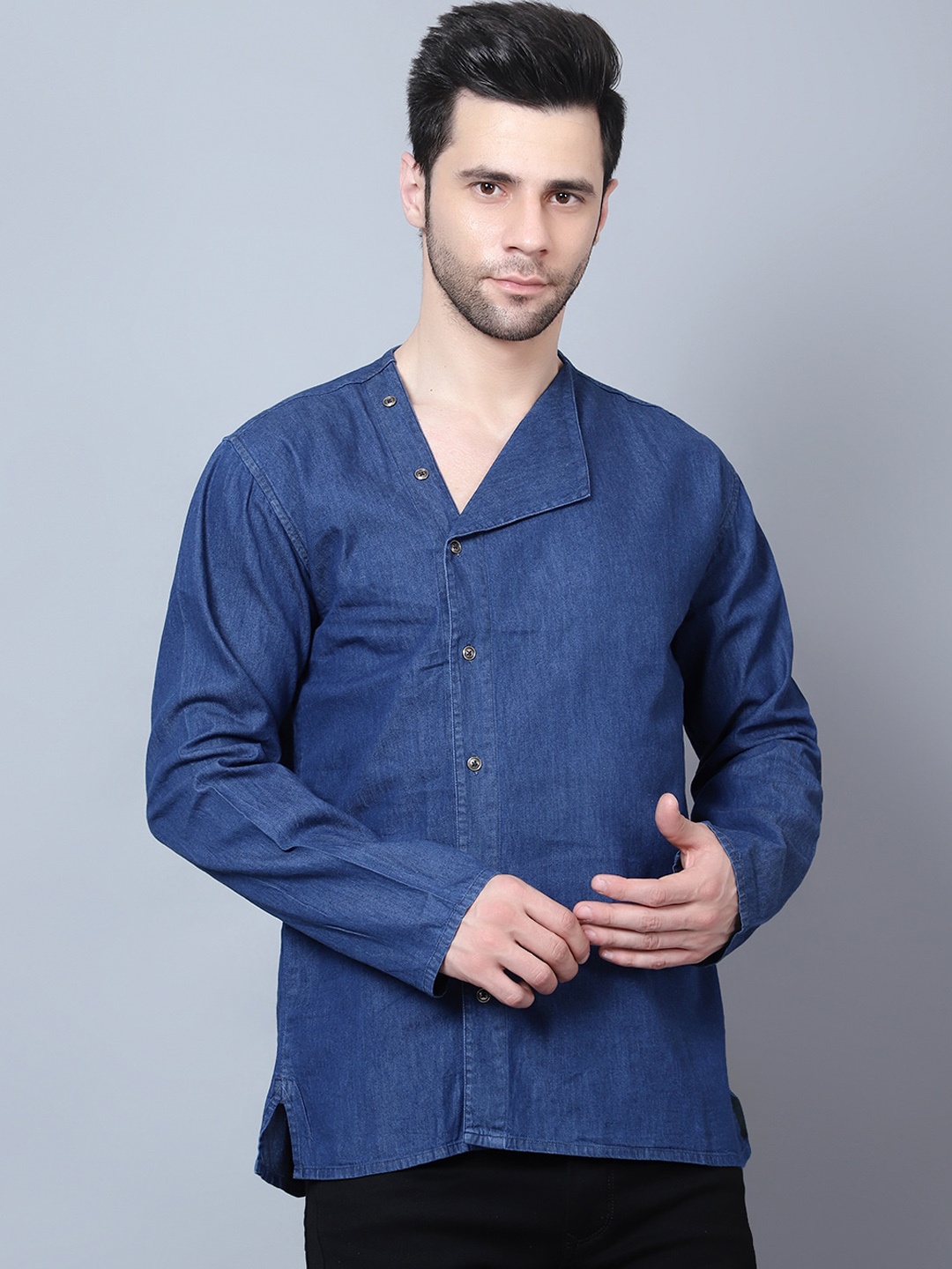 

HERE&NOW V-Neck Angrakha Denim Kurta, Navy blue