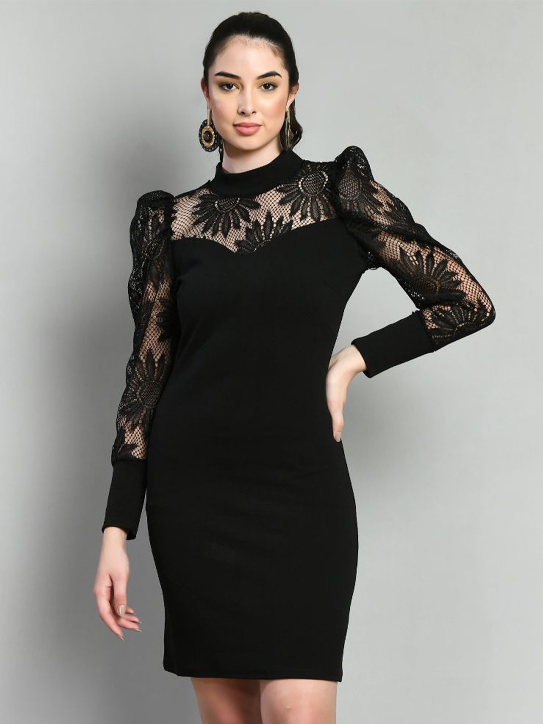 

IUGA Round Neck Embellished Bodycon Dress, Black