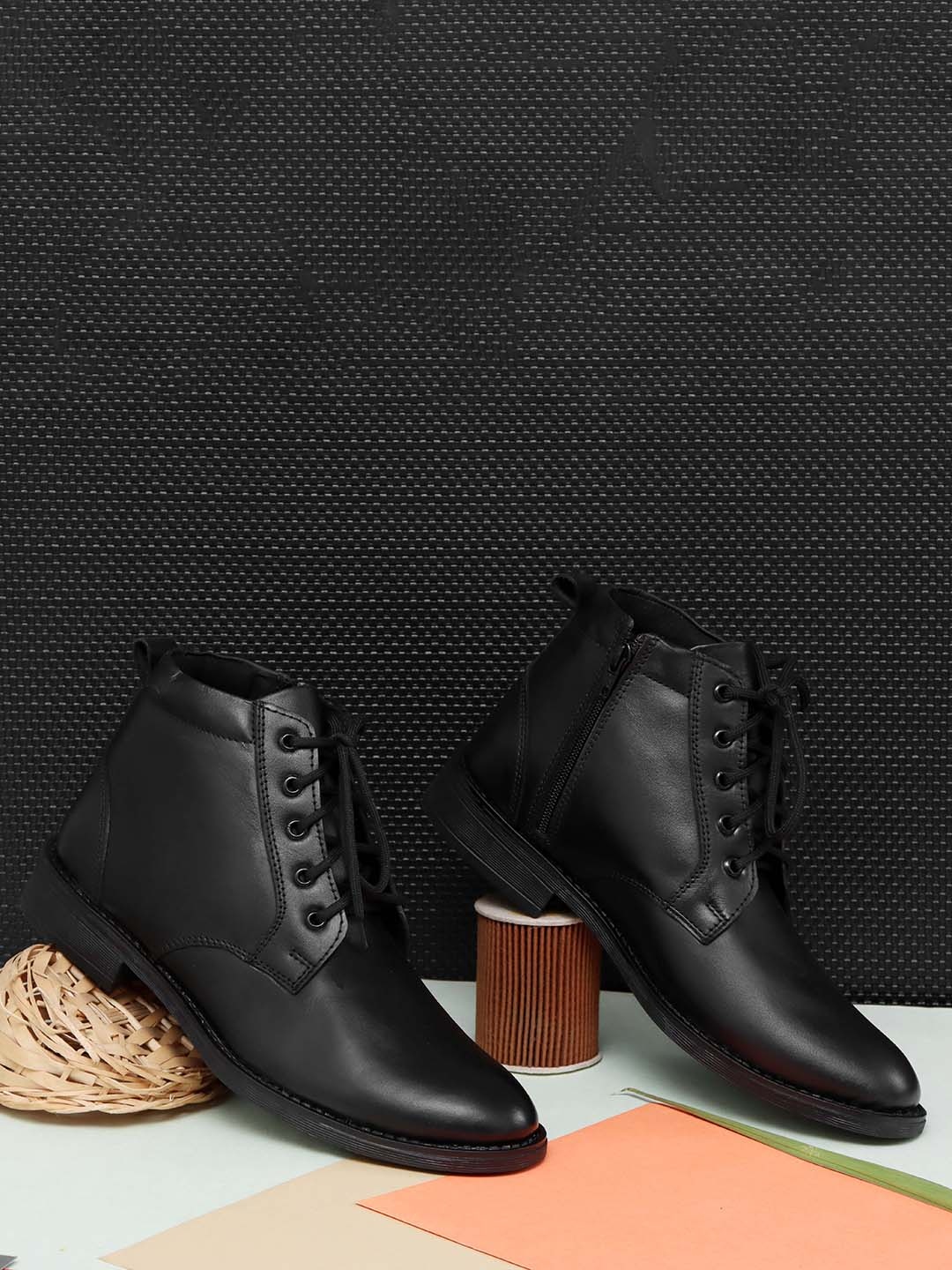 

knoos Men Mid Top Leather Regular Boots, Black