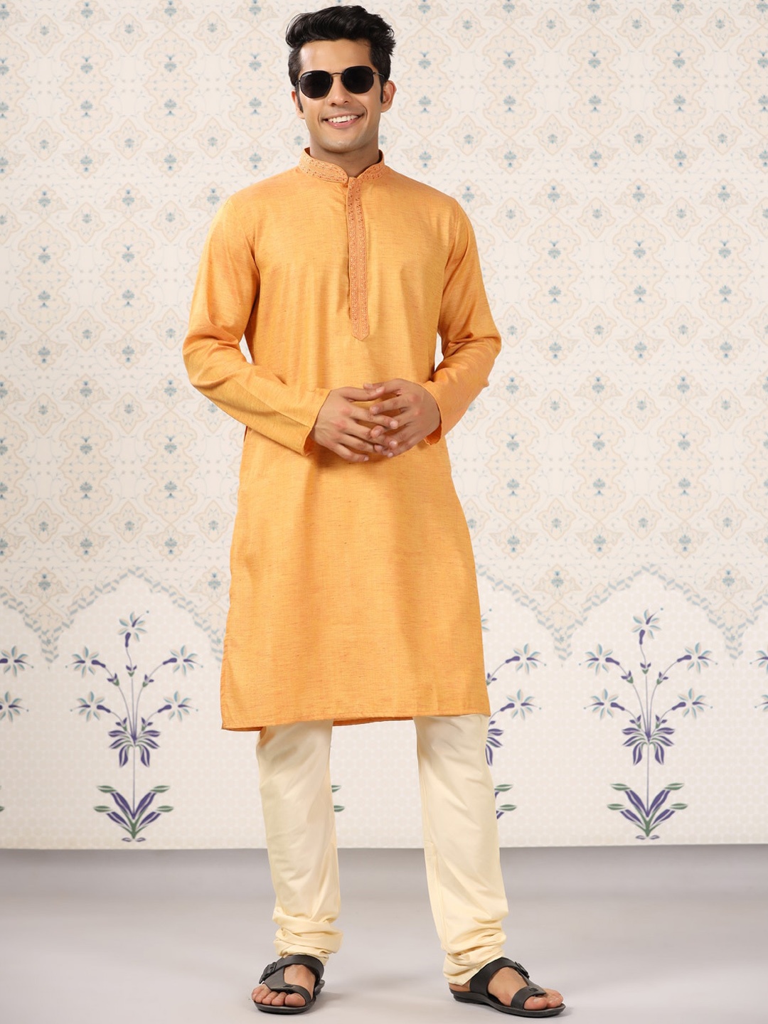 

Ode by House of Pataudi Mandarin Collar Regular Kurta With Churidar, Mustard