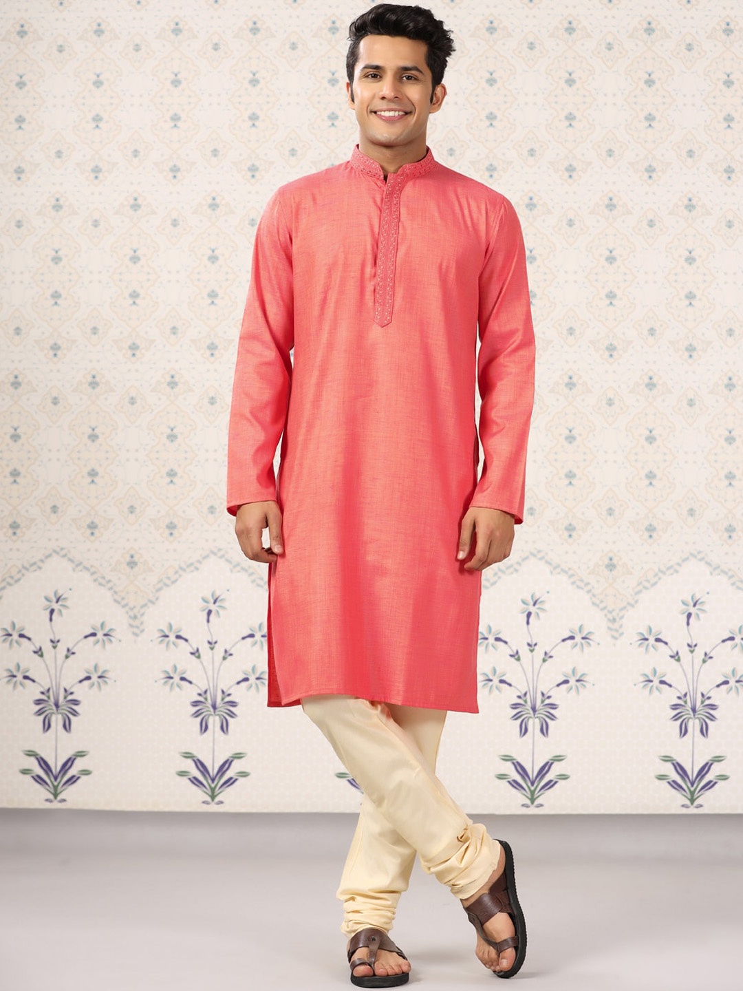 

Ode by House of Pataudi Mandarin Collar Regular Kurta With Churidar, Rust