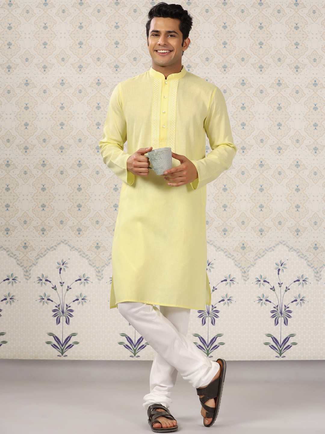 

Ode by House of Pataudi Mandarin Collar Regular Kurta With Churidar, Yellow