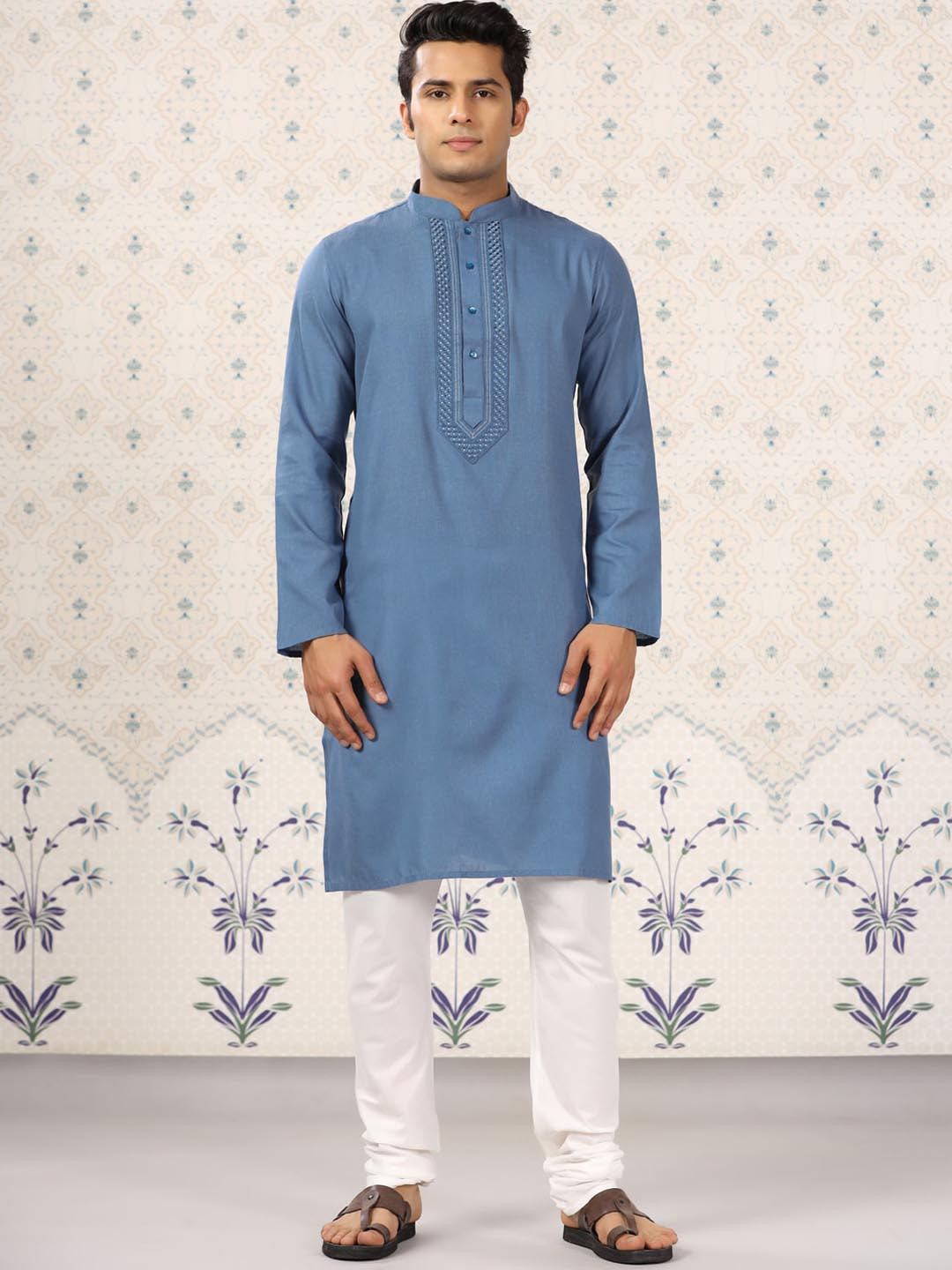 

Ode by House of Pataudi Mandarin Collar Regular Kurta With Churidar, Grey