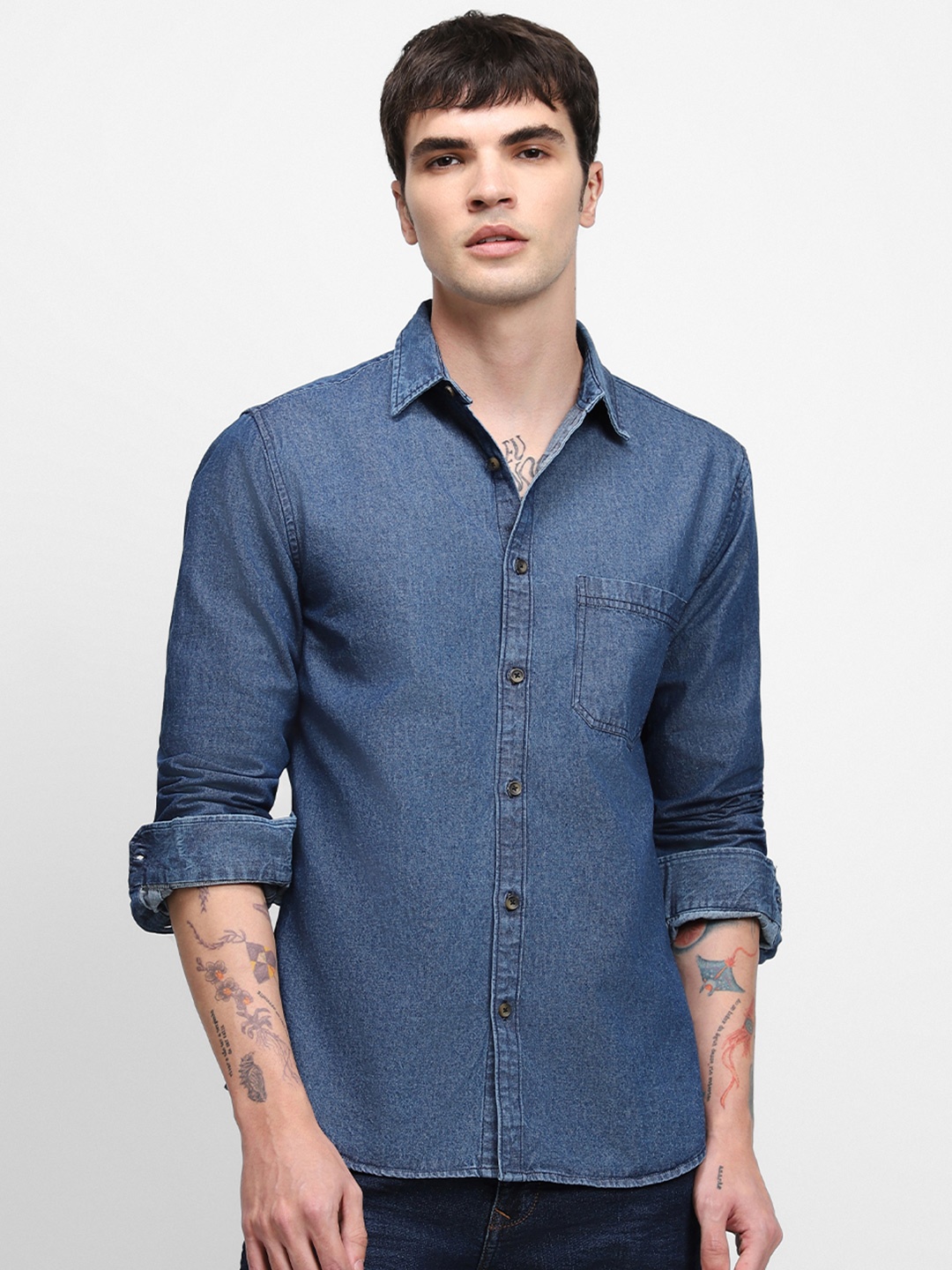 

Dennis Lingo Spread Collar Slim Fit Pure Cotton Faded Denim Shirt, Blue