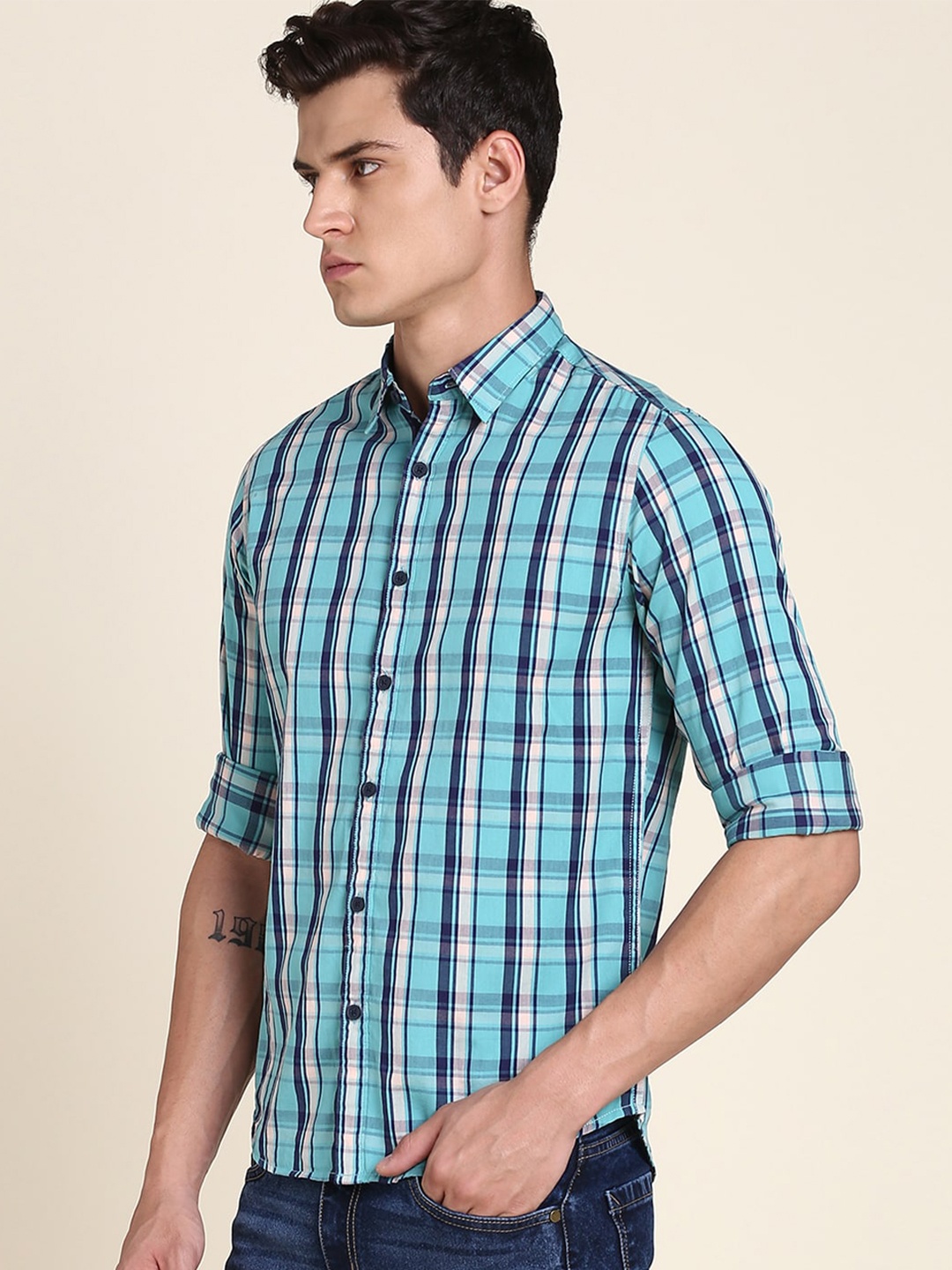 

Dennis Lingo Slim Fit Tartan Checks Pure Cotton Casual Shirt, Blue