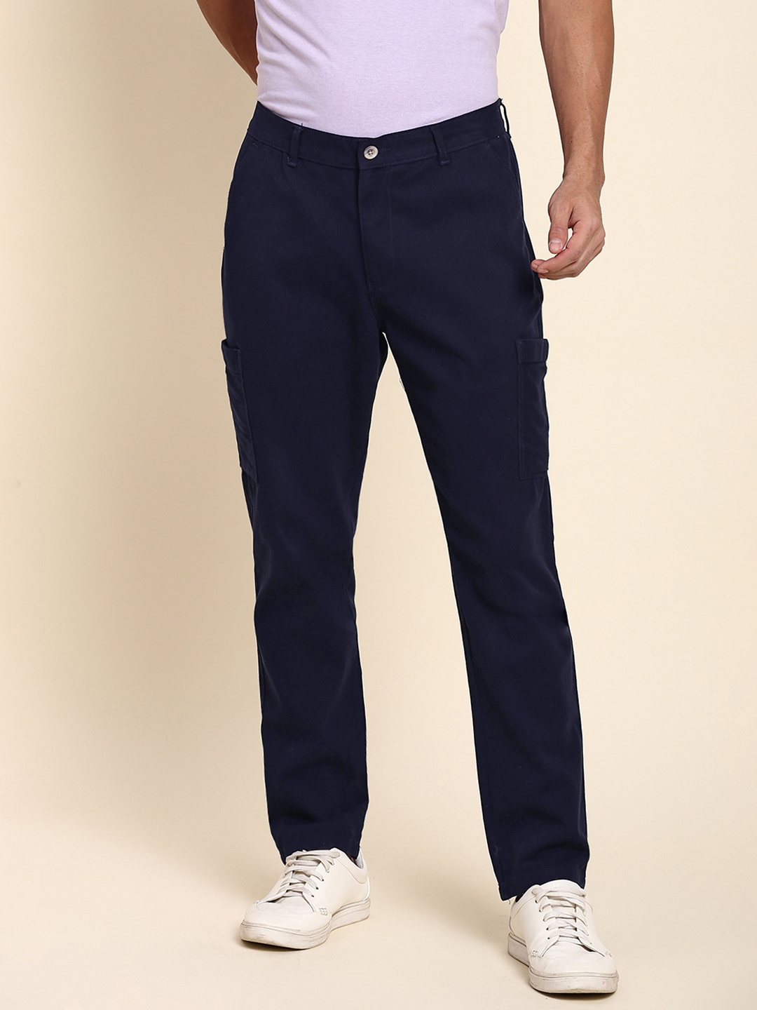 

Dennis Lingo Men Mid Rise Plain Casual Cargos Trousers, Navy blue