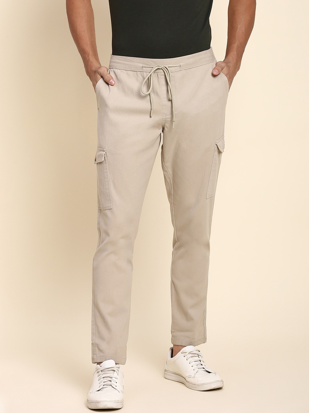 

Dennis Lingo Men Mid Rise Plain Casual Cargos Trousers, Beige