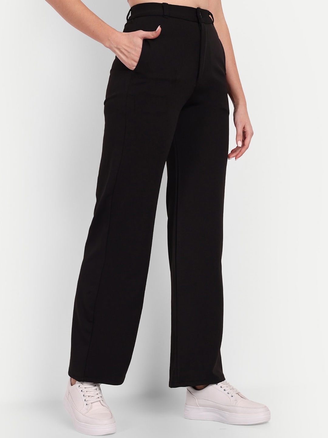 

BROADSTAR Women Black Straight Fit High-Rise Easy Wash Regular Trousers