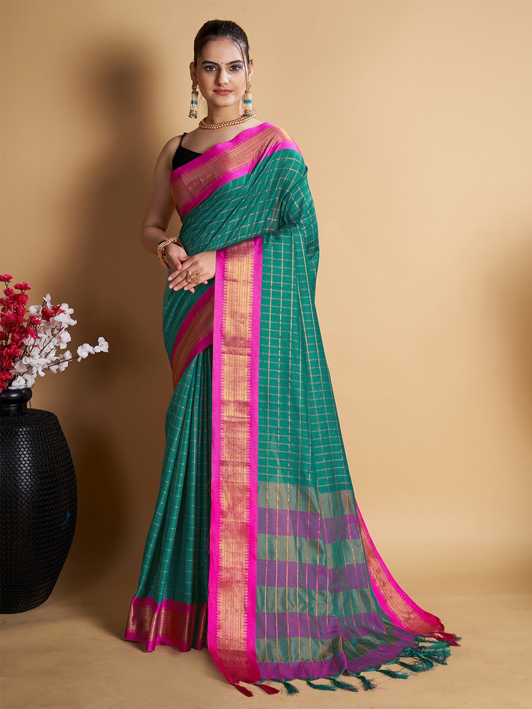 

Anjaneya Sarees Checked Woven Design Zari Uppada Saree, Teal