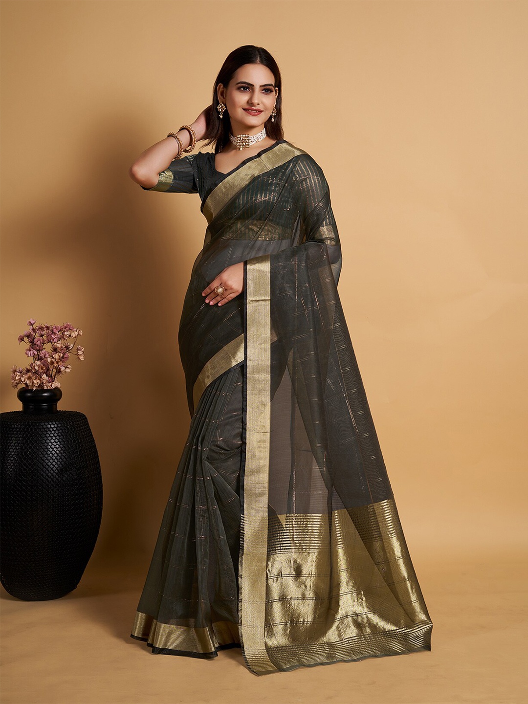 

Anjaneya Sarees Checked Woven Design Zari Organza Saree, Grey