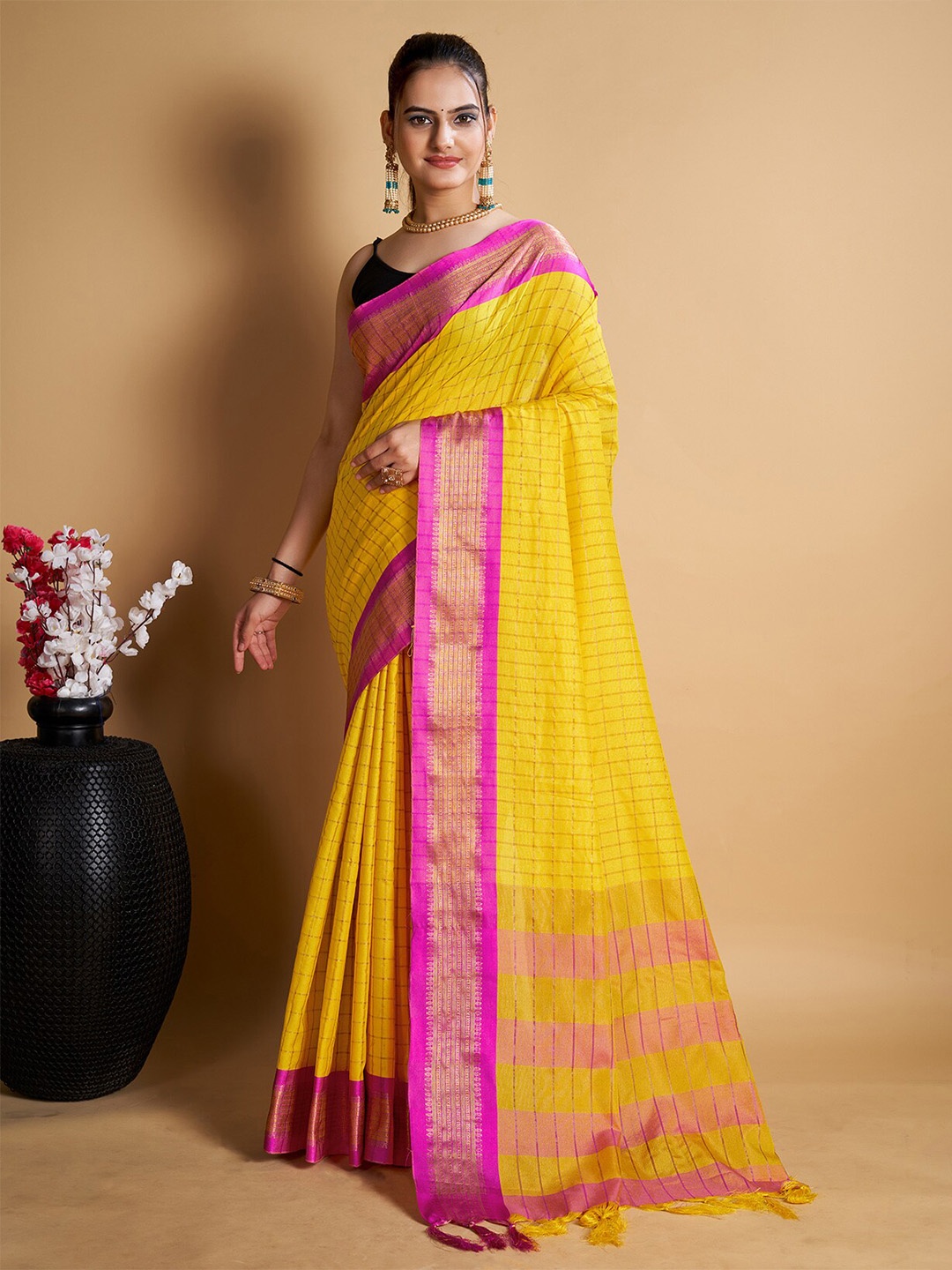 

Anjaneya Sarees Checked Woven Design Zari Organza Silk Saree Saree, Yellow