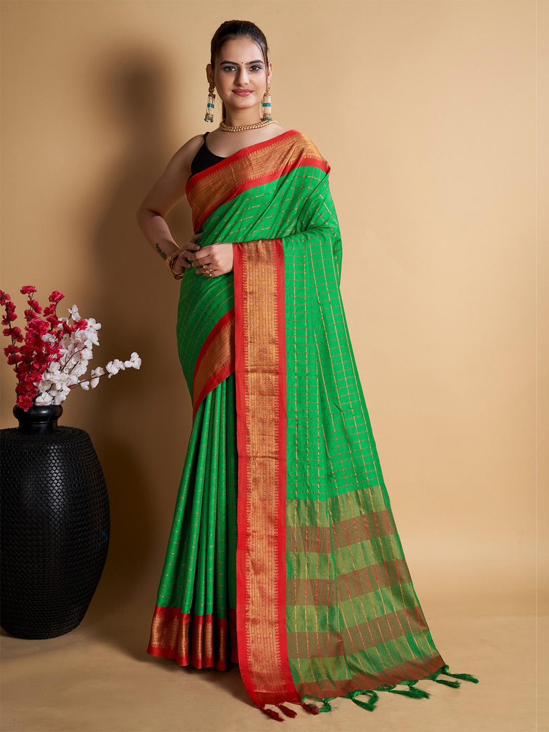 

Anjaneya Sarees Checked Woven Design Zari Cotton Silk Saree, Green