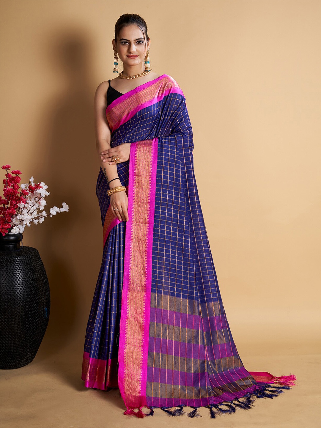 

Anjaneya Sarees Checked Woven Design Zari Cotton Silk Saree, Blue