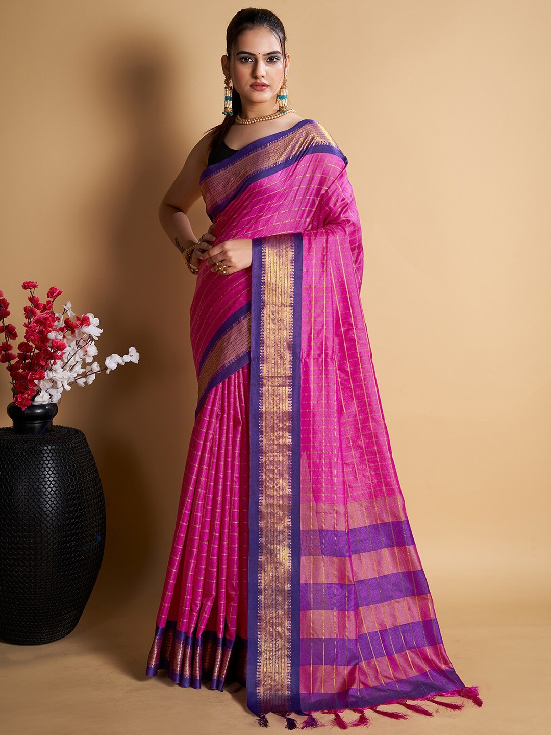 

Anjaneya Sarees Checked Woven Design Zari Cotton Silk Saree, Purple