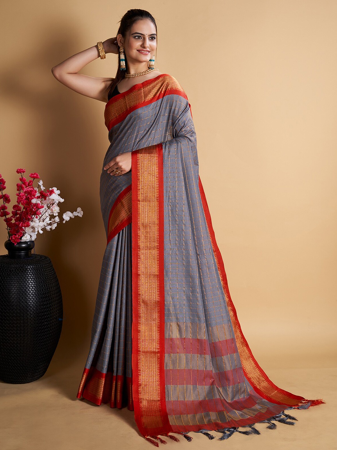 

Anjaneya Sarees Striped Woven Design Zari Uppada Saree, Grey