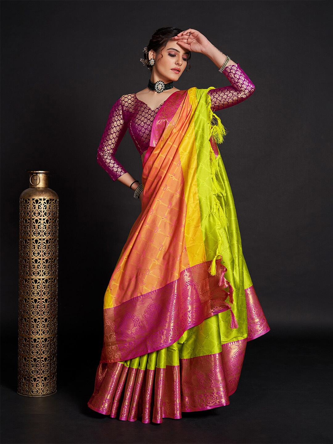 

Anjaneya Sarees Ethnic Motif Woven Design Zari Cotton Silk Saree, Yellow