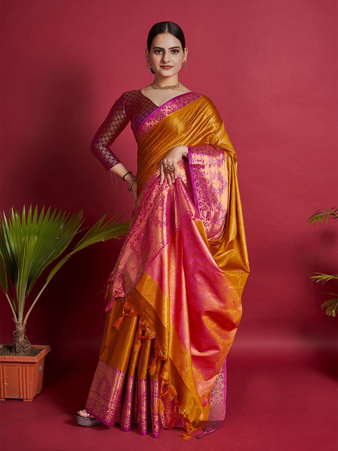 

Anjaneya Sarees Ethnic Motif Woven Design Zari Cotton Silk Saree, Orange