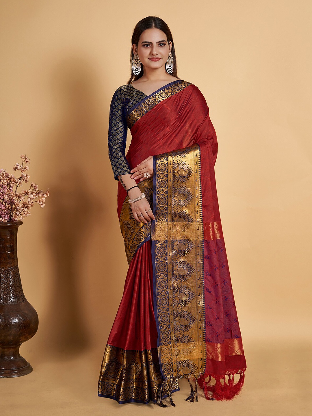 

Anjaneya Sarees Ethnic Motif Woven Design Zari Cotton Silk Saree, Red