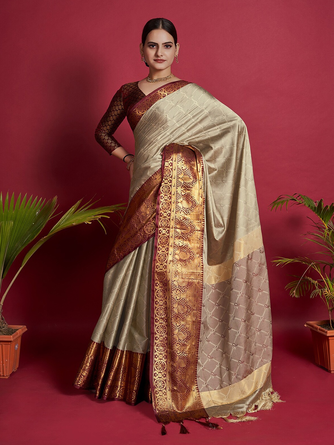 

Anjaneya Sarees Ethnic Motifs Woven Design Zari Uppada Saree, Beige