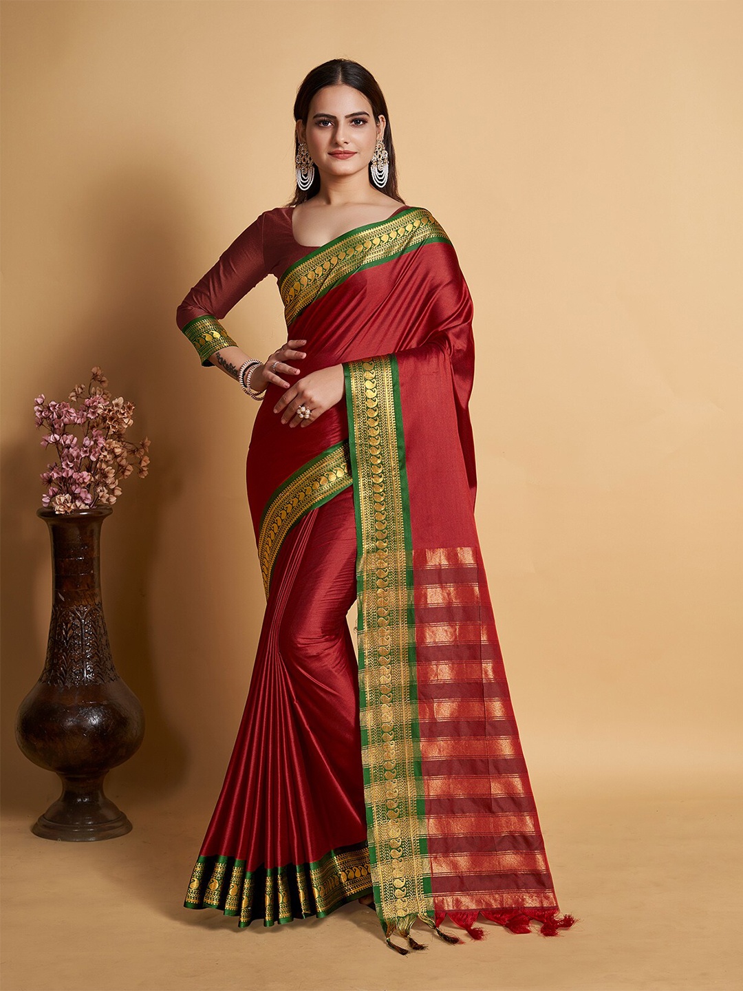 

Anjaneya Sarees Woven Design Border Zari Uppada Saree, Red