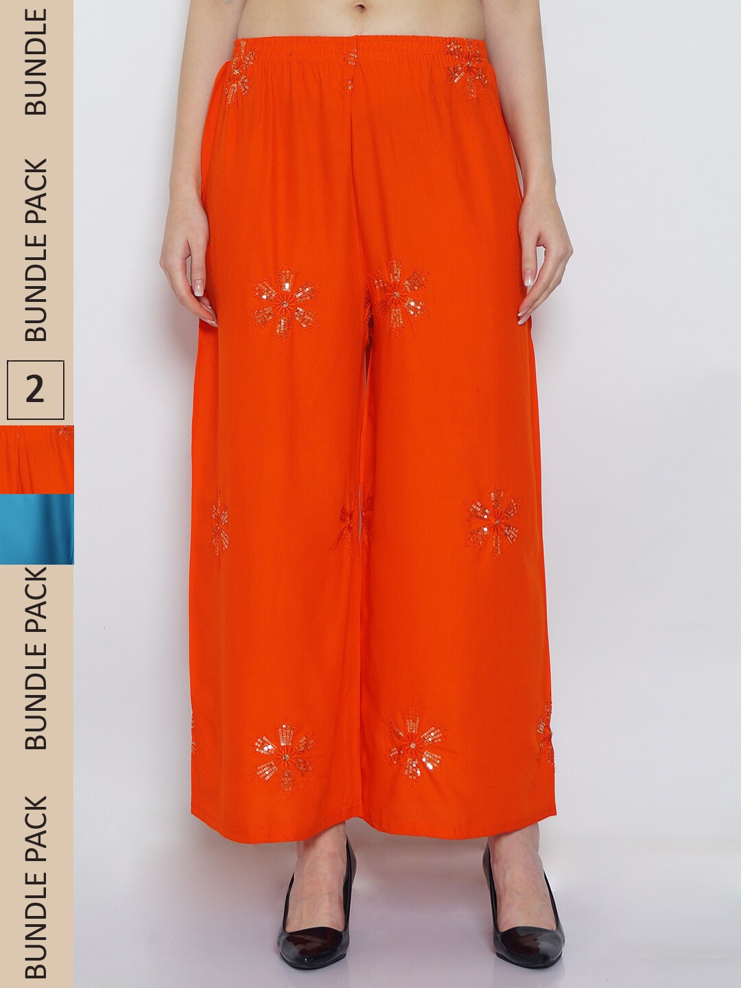 

GRACIT Women Pack Of 2 Ethnic Motifs Embroidered Straight Palazzos, Orange