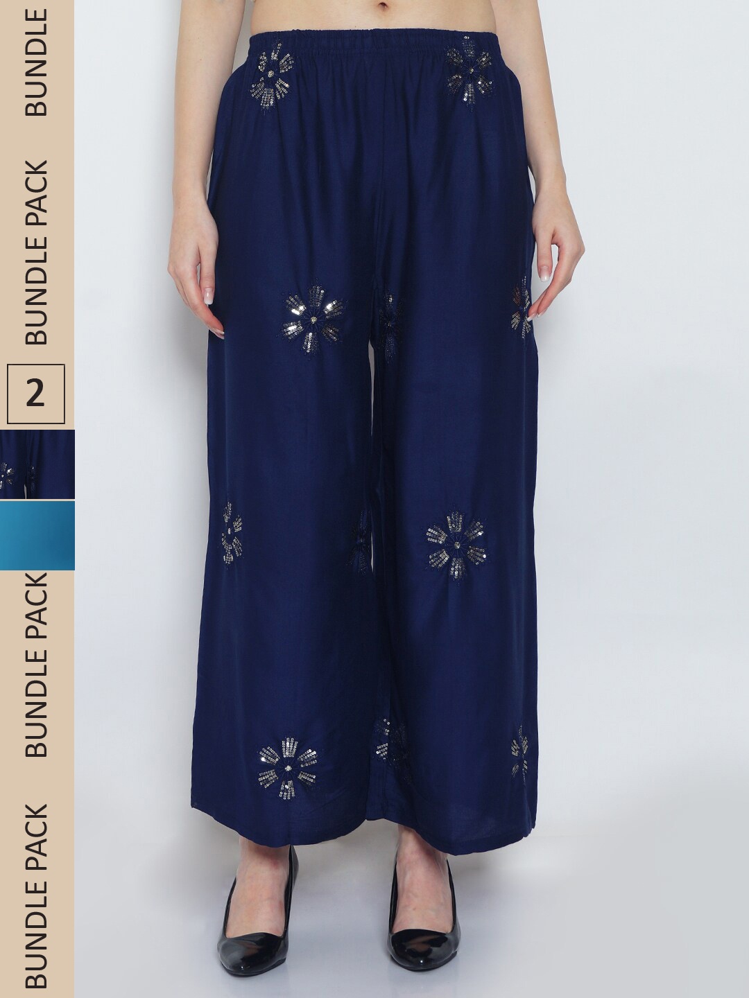 

GRACIT Women Pack Of 2 Floral Embroidered Straight Palazzos, Navy blue