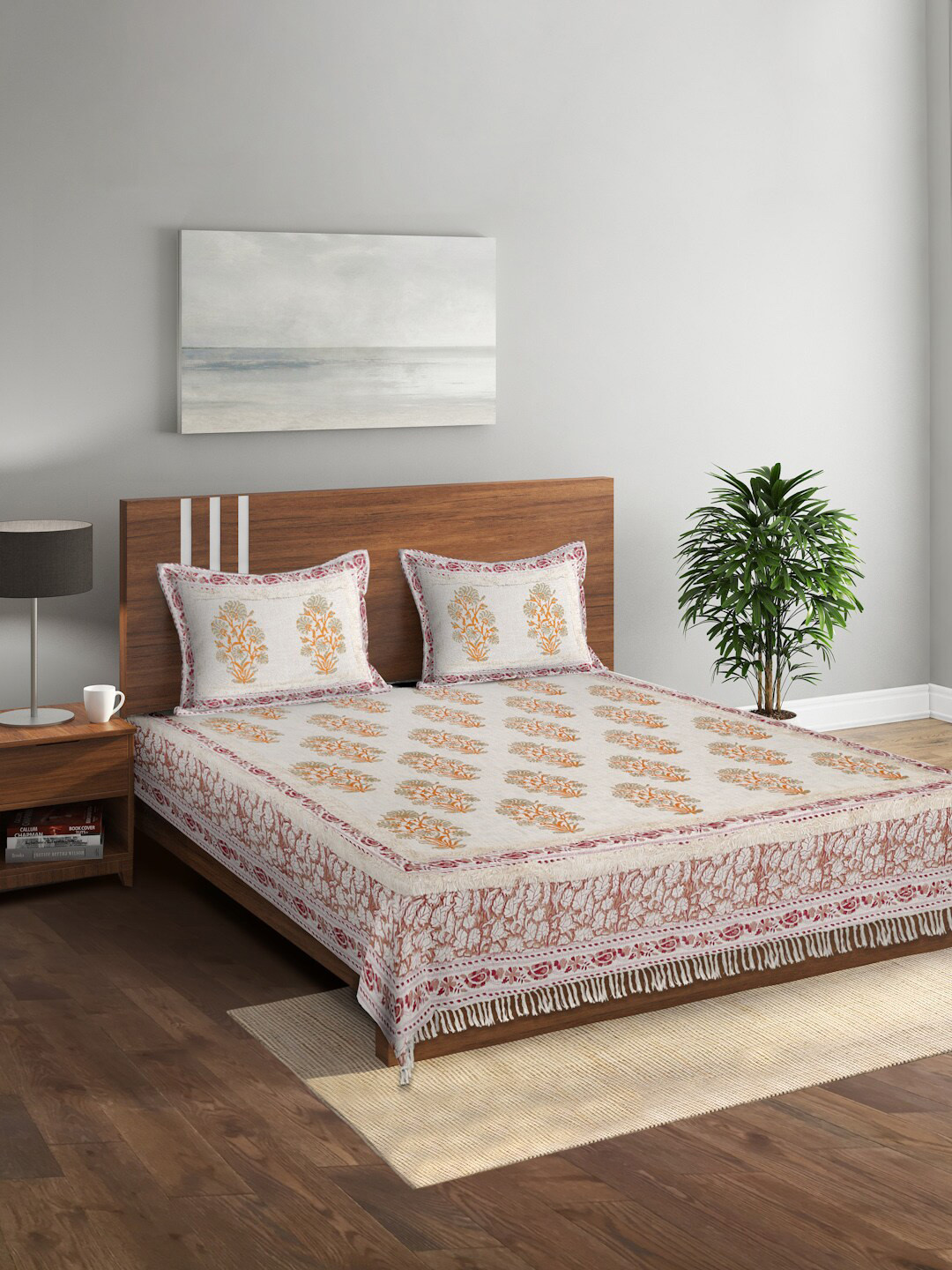 

Rajasthan Decor Cream-Colored Printed Pure Cotton Double Queen Bed Spread & Pillow Covers